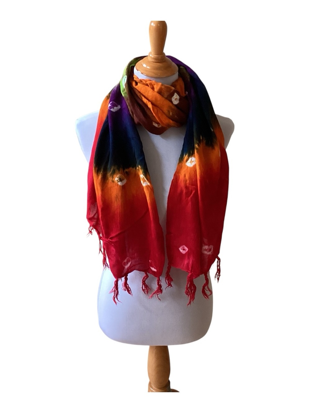 Zuriet Multicolor Tie-Dye Fringe Scarf - Red, Orange, Purple 60”